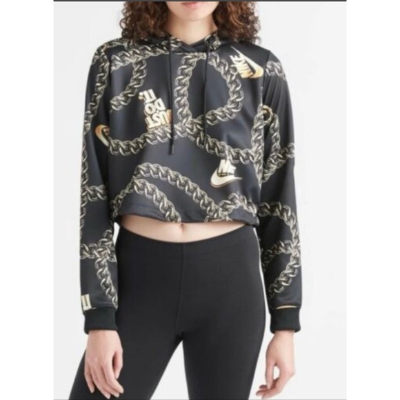 Nike Sportswear Icon Clash Chain Women Medium Crop Hoodie Black Gold NWT #KL14-4 - Picture 1 of 14